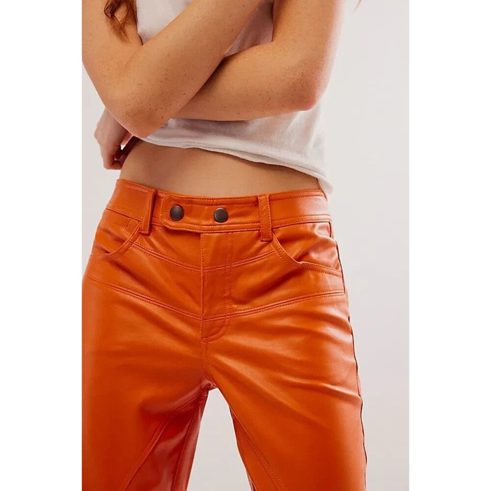 WE THE FREE Orange Rebel Vegan Leather Pants Edgy Sporty Street Style SIZE 4